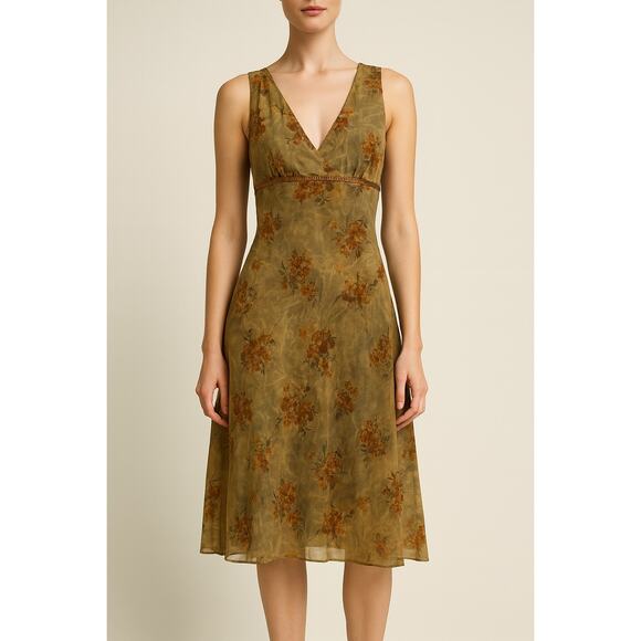 Vintage Y2K Floral Midi Dress Olive Brown V-Neck Sleeveless Cottagecore - Picture 1 of 4